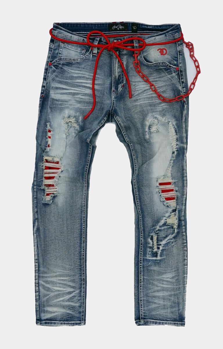 FROST SHREDDED JEANS W/ CORD & CHAIN - BLUE