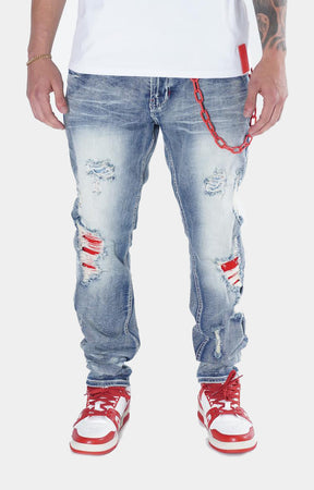 FROST SHREDDED JEANS W/ CORD & CHAIN - BLUE