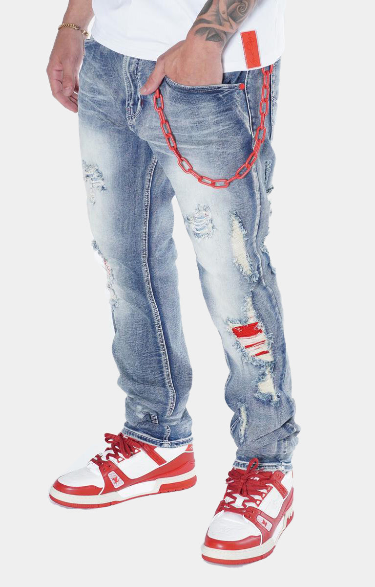 FROST SHREDDED JEANS W/ CORD & CHAIN - BLUE