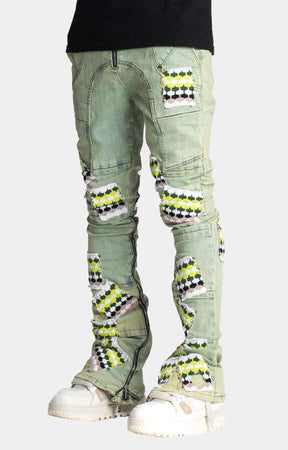 SLIME GREEN KNIT PATCHES DENIM