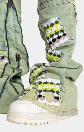 SLIME GREEN KNIT PATCHES DENIM